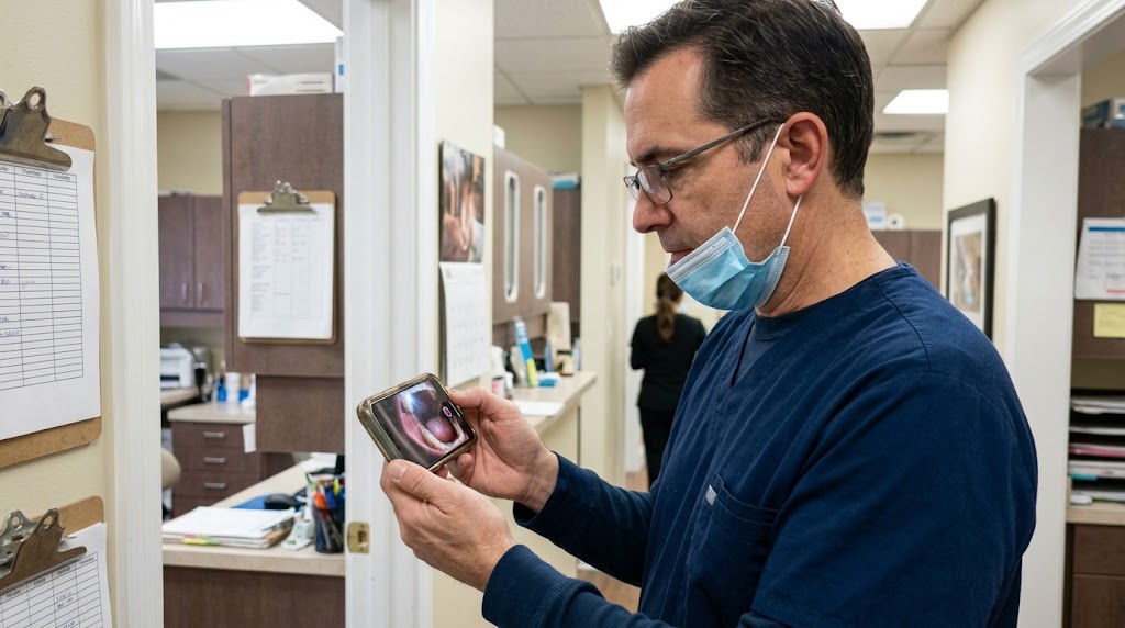 A dentist looks at a mouth video on a phone
