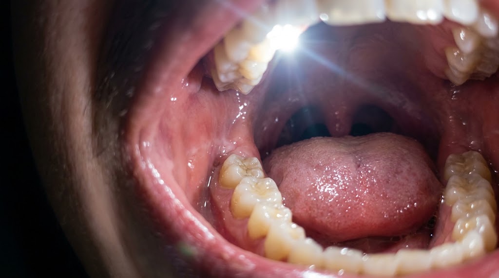 Inside an open mouth lit by a phone flashlight